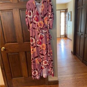 Kiyonna Floral Long Sleeve Dress in Pink and Red